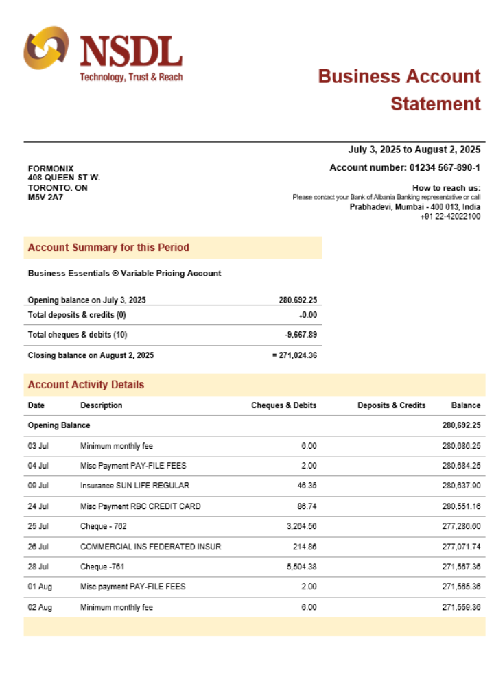 Download NSDL firm account statement Word  and PDF format Photoshop template